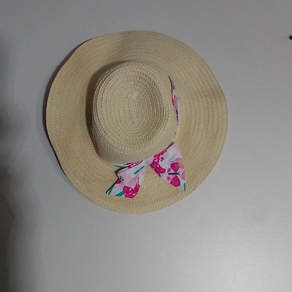 Gymboree Cream Straw Sun Hat with Pink Floral Tie 2T-3T